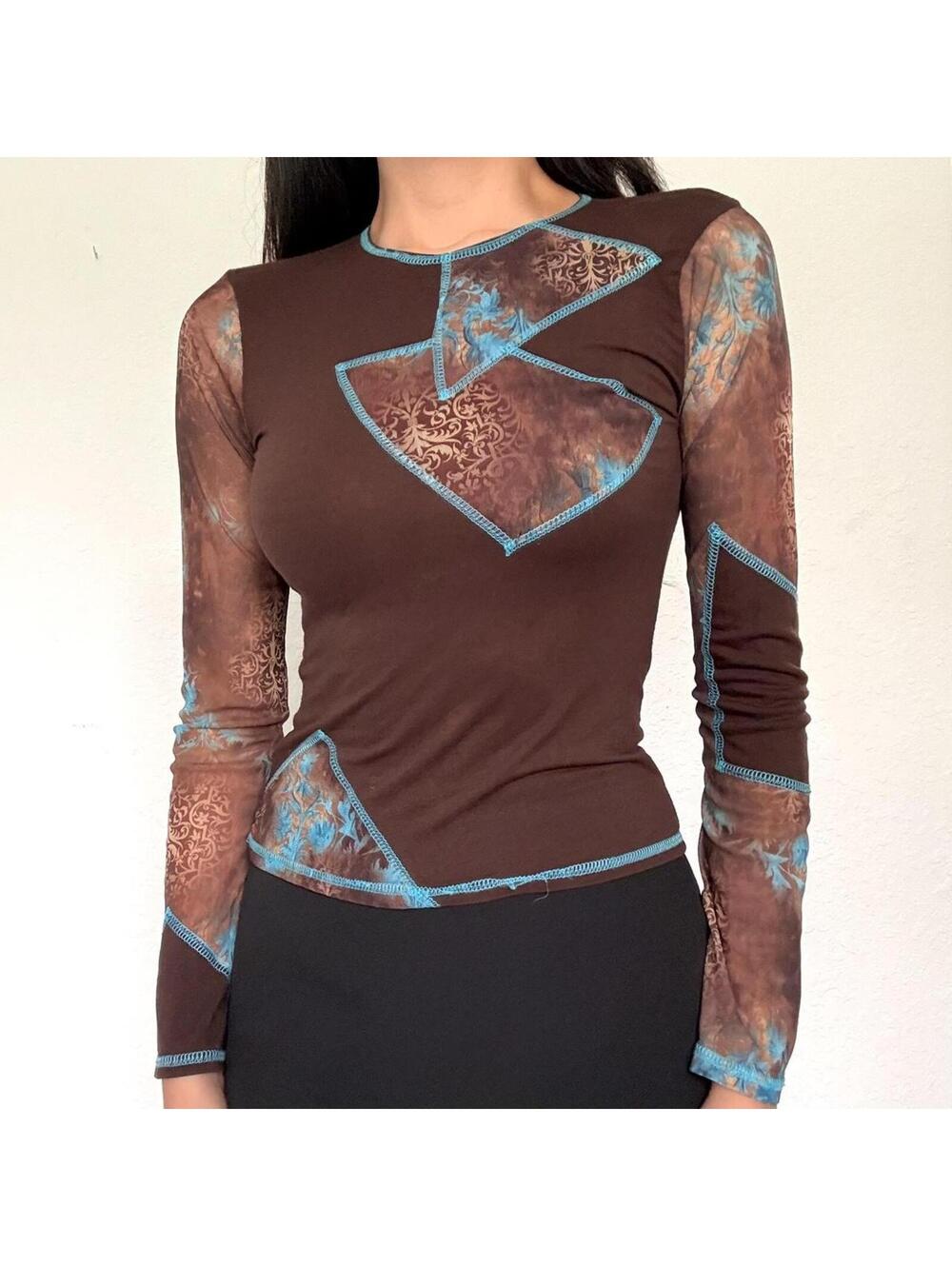 Cache Cache Micromesh brown & blue long sleeve top